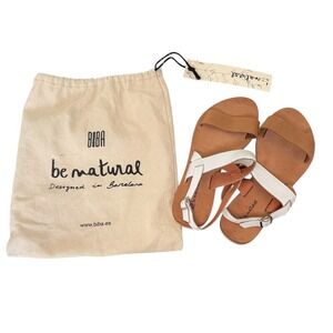 Biba Be Natural Tan White Leather Flat Sandals Barcelona Spain Womens 37 EU 7 US